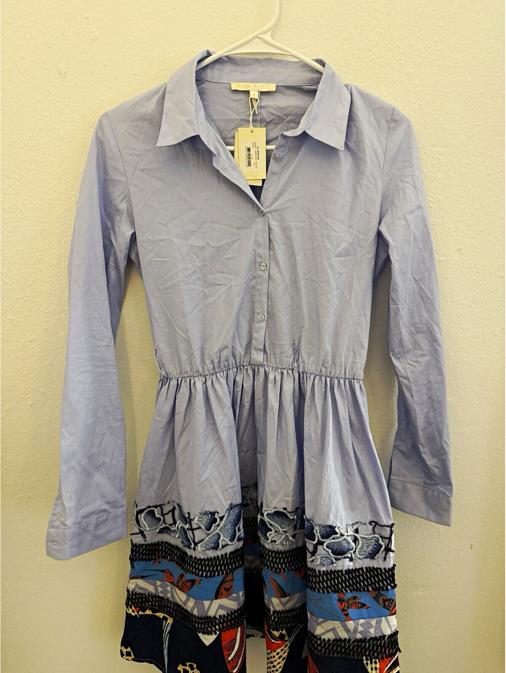 Maje Rafina Blue Embroidered Patchwork Shirt Dress Size 1 NWT $495